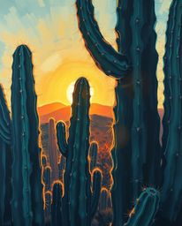 A classic oil painting depicts a desert cactus glowing in the last rays of the sun, rendered in a rich deep teal. This piece 