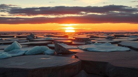 A captivating bronze artwork depicting a vibrant sunset over icy polar glaciers.  The piece features natural earth tones, an 