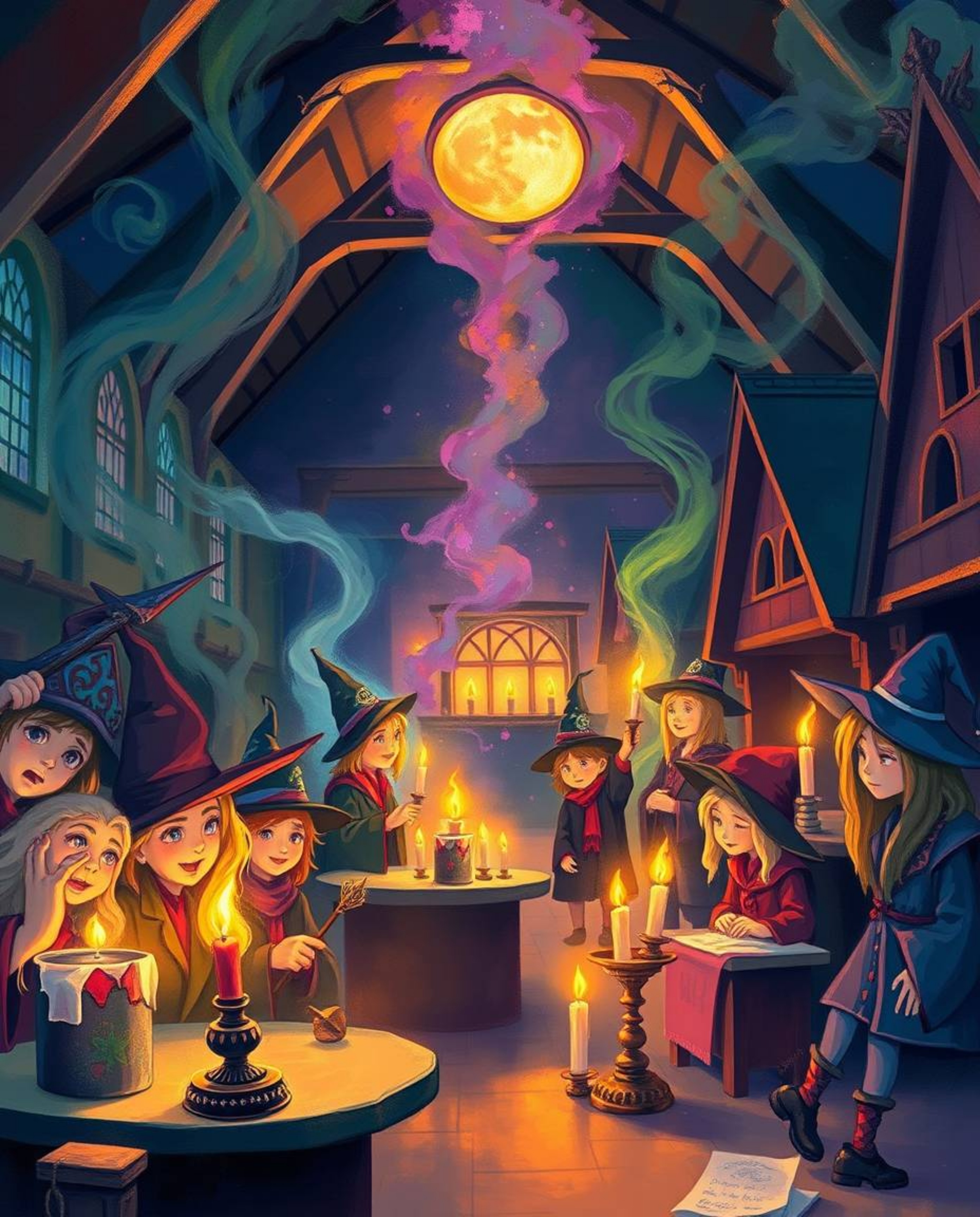 Discover a captivating image of a magical school brimming with young wizards.  The scene is rendered in a painterly style, sh