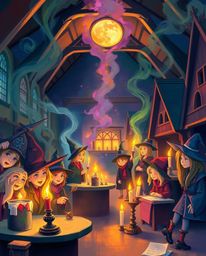 Discover a captivating image of a magical school brimming with young wizards.  The scene is rendered in a painterly style, sh