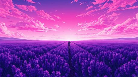 Explore a captivating deep ultraviolet Isekai anime illustration showcasing lavender fields bathed in the ethereal glow of a 
