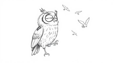 A charming hand-drawn sketch in the style of Pixar depicts a heartwarming scene: a blind owl patiently teaching birds to fly.
