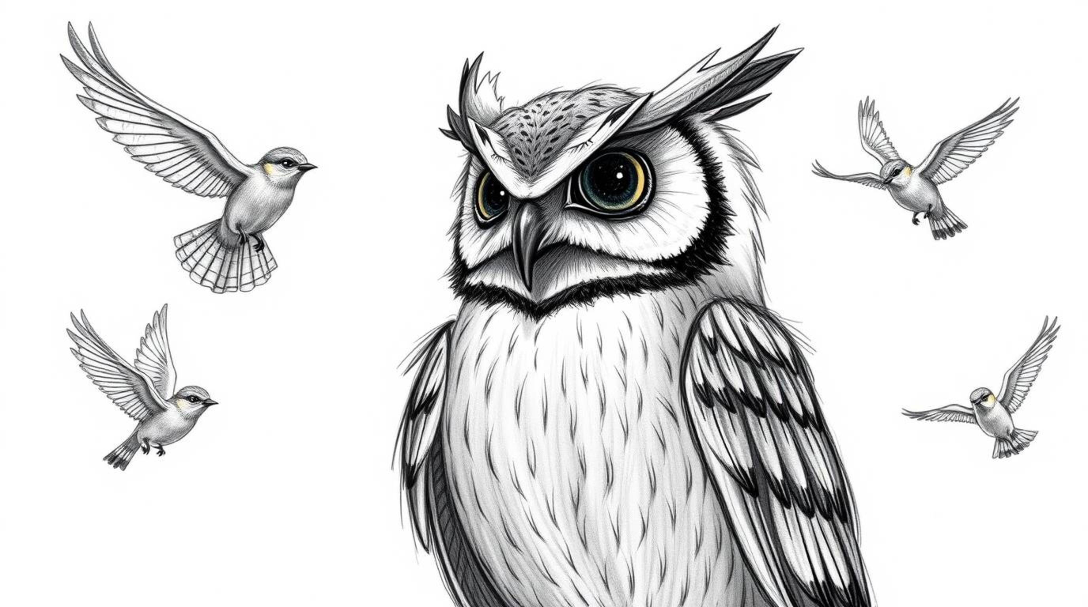 A charming hand-drawn sketch in the style of Pixar depicts a wise, blind owl with soft feathers and expressive eyes teaching 