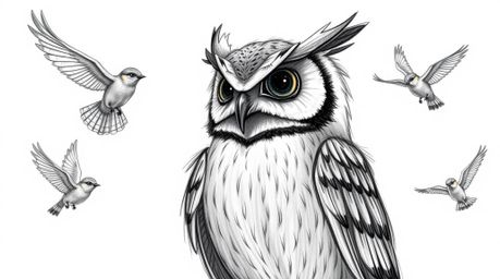 A charming hand-drawn sketch in the style of Pixar depicts a wise, blind owl with soft feathers and expressive eyes teaching 