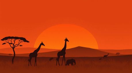 This modern flat design illustration captures the serene beauty of a savanna sunset, featuring silhouetted giraffes in a grac