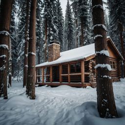 Escape to a cozy traditional wooden cabin nestled in the serene woods.  Featuring a charming stone chimney and surrounded by 