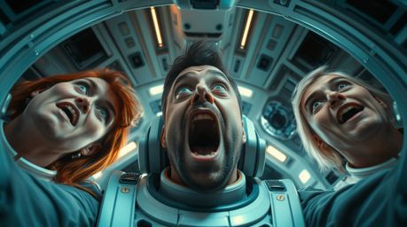 Experience a hilarious and visually striking futuristic sci-fi scene from a unique low angle. This gross-out comedy moment fe