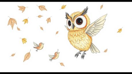 A heartwarming, hand-drawn Pixar-style sketch portrays a gentle, blind owl with soft, feathery texture patiently guiding smal