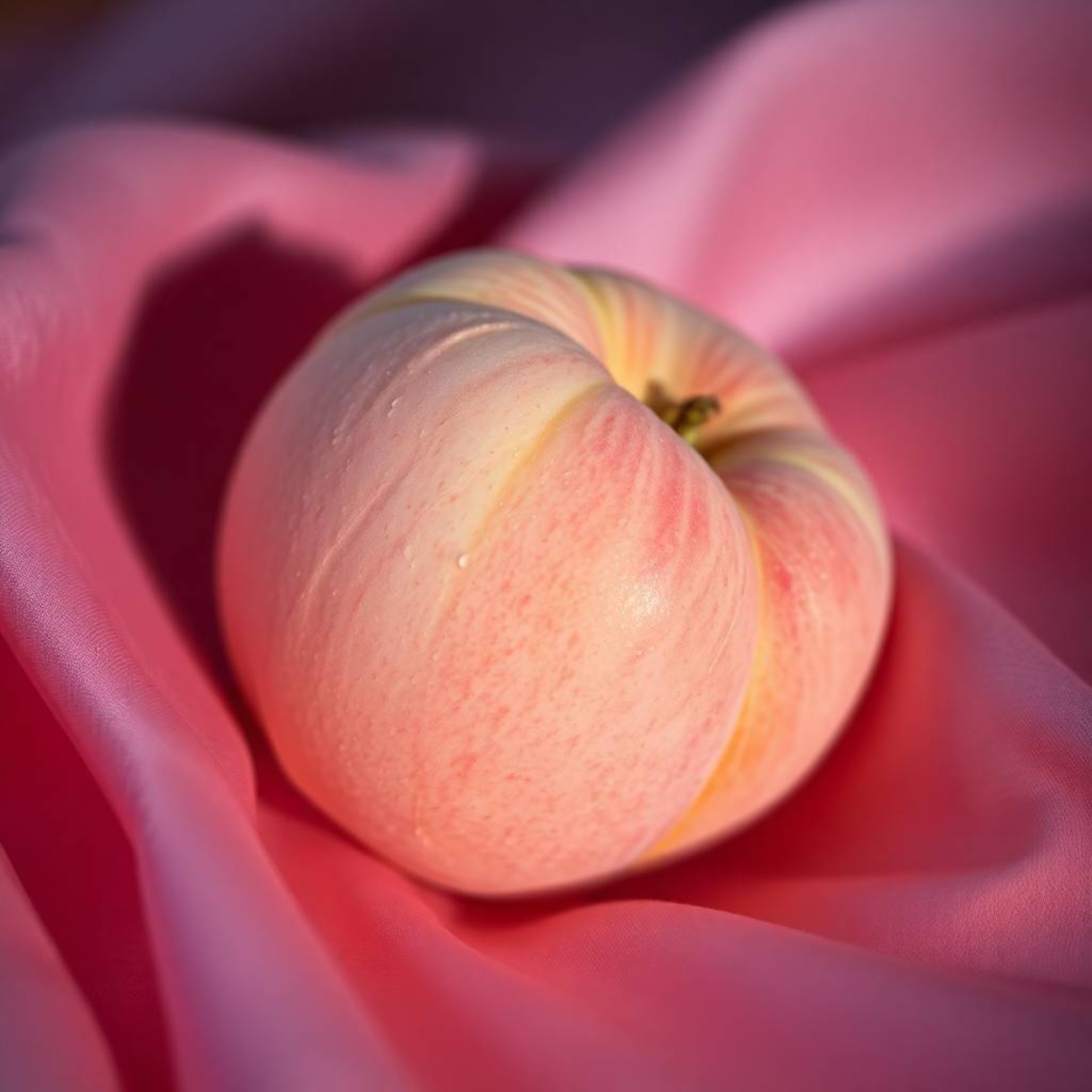 Experience the soothing tranquility of this close-up ASMR image featuring a soft, blushing pink peach delicately placed on si
