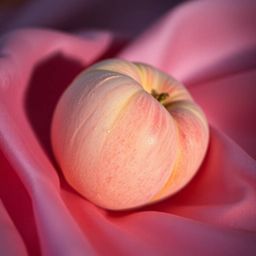 Experience the soothing tranquility of this close-up ASMR image featuring a soft, blushing pink peach delicately placed on si