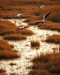 A high-angle perspective image capturing the golden hour light over a wetlands scene with herons in flight. In this photograp