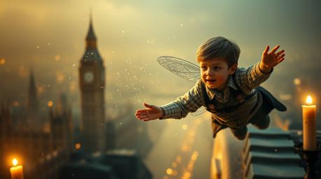 A young boy soars above London, scattering pixie dust in his wake, bathed in the gentle, hazy glow of warm candlelight. The s
