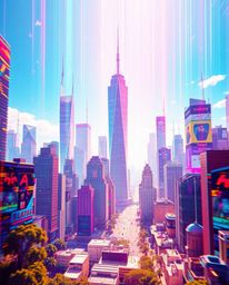 Experience a vibrant, glitchy digital landscape featuring distorted skyscrapers and static noise. Rendered in bright, gentle,