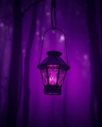 Explore the enchanting allure of a dark forest illuminated by a glowing lantern, bathed in deep ultraviolet hues and soft cin