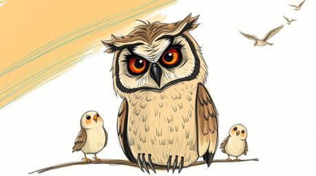 A heartwarming hand-drawn sketch in the style of Pixar, depicting a wise, blind owl with warm brown eyes teaching small birds
