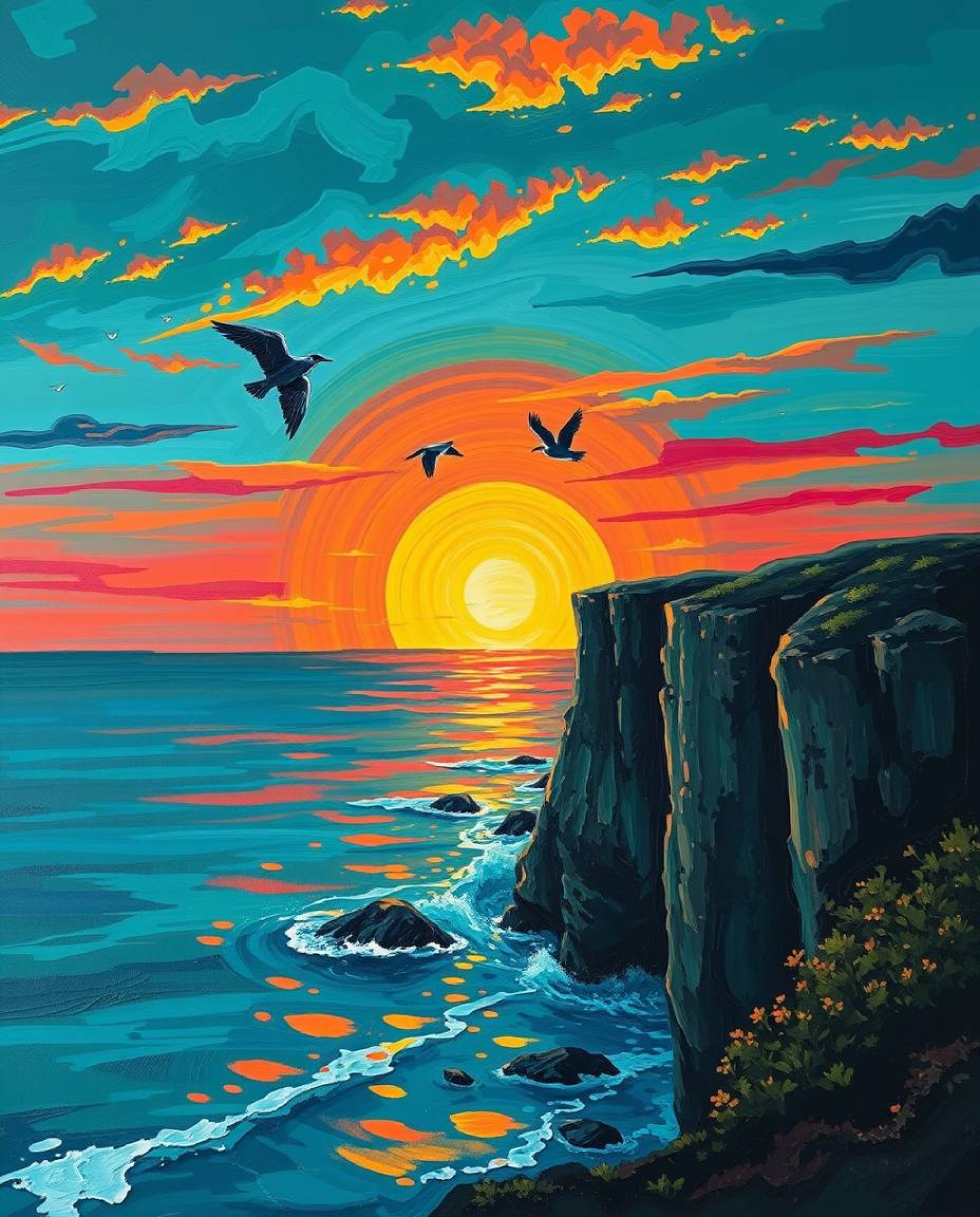 A bold acrylic painting depicts a vibrant sunset over a coastal cliff in rich, deep teal. Soaring birds stand out against the