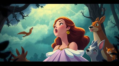 A princess with refined features sings with forest animals in a vintage 2D animation style.  The scene is set against stormy 