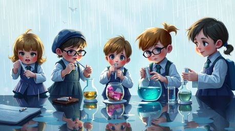 A captivating digital painting showcases a group of eccentric children in vintage school uniforms, playfully conducting whims
