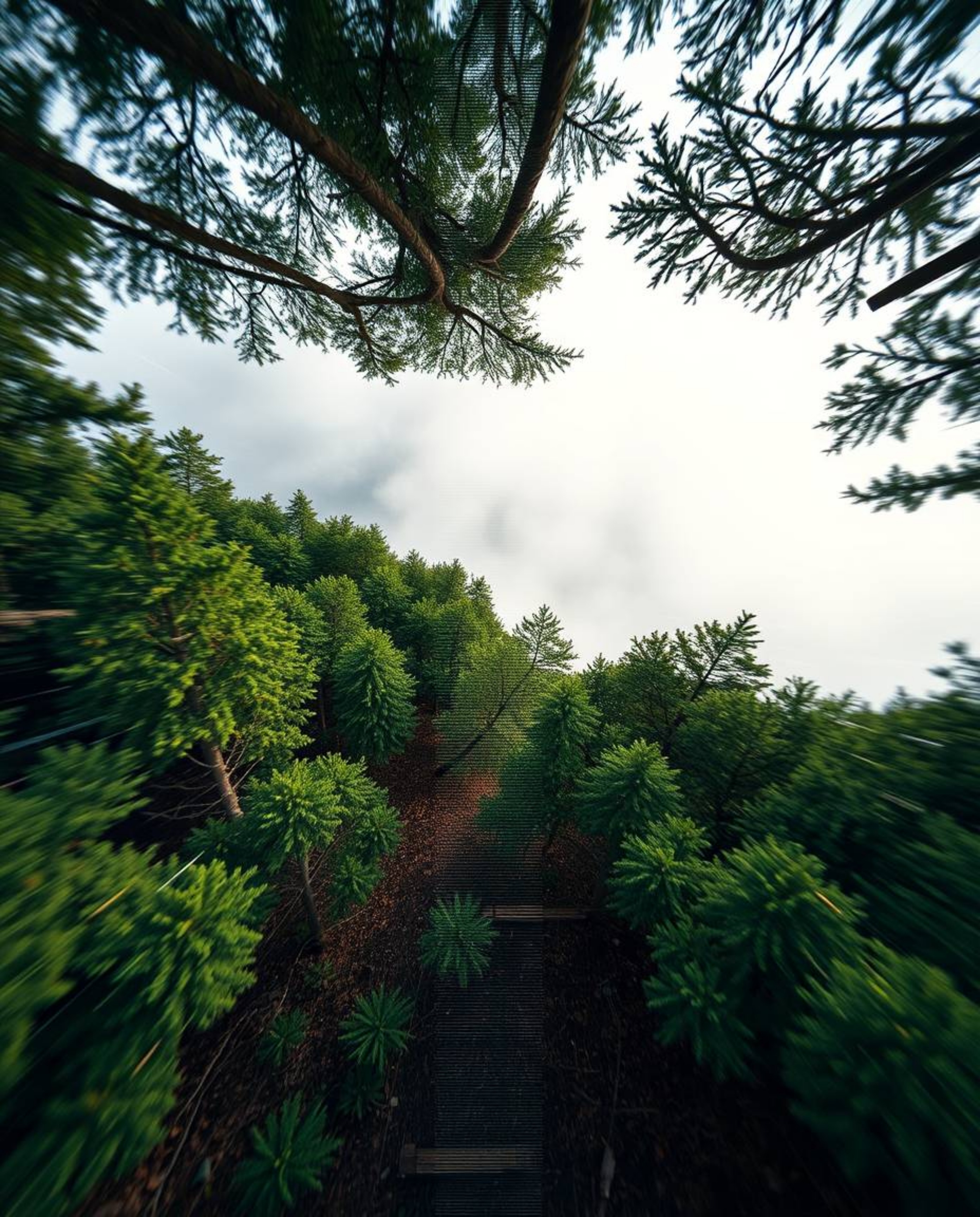 A captivating high-angle shot showcases a digital glitch effect overlaying a serene forest scene.  The surreal contrast betwe