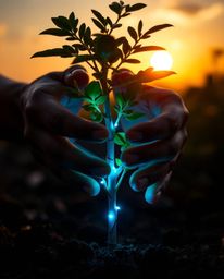 A captivating close-up showcasing hands planting a tree beneath a golden sky, where bioluminescent colors and natural light i