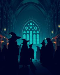 Explore the enchanting world of a magical school filled with young wizards, silhouetted against a rich, deep teal background.