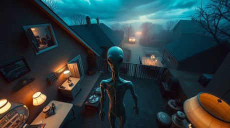 Experience a high-angle, dreamlike surreal image of an alien inhabiting a mundane suburban house.  This fantastical scene fea