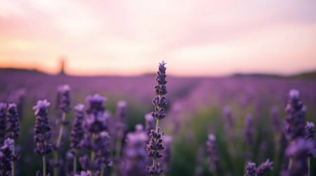 Experience the serene beauty of lavender fields bathed in the soft glow of a dreamy pink sky. This captivating image utilizes