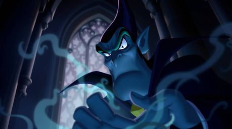 A classic Disney villain with an intense gaze is captured in a dramatic low-angle shot, casting a spell within the imposing w