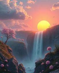 Experience a dreamlike and surreal scene of a sun setting behind a dramatic waterfall, rendered in soft pastel colors. This a
