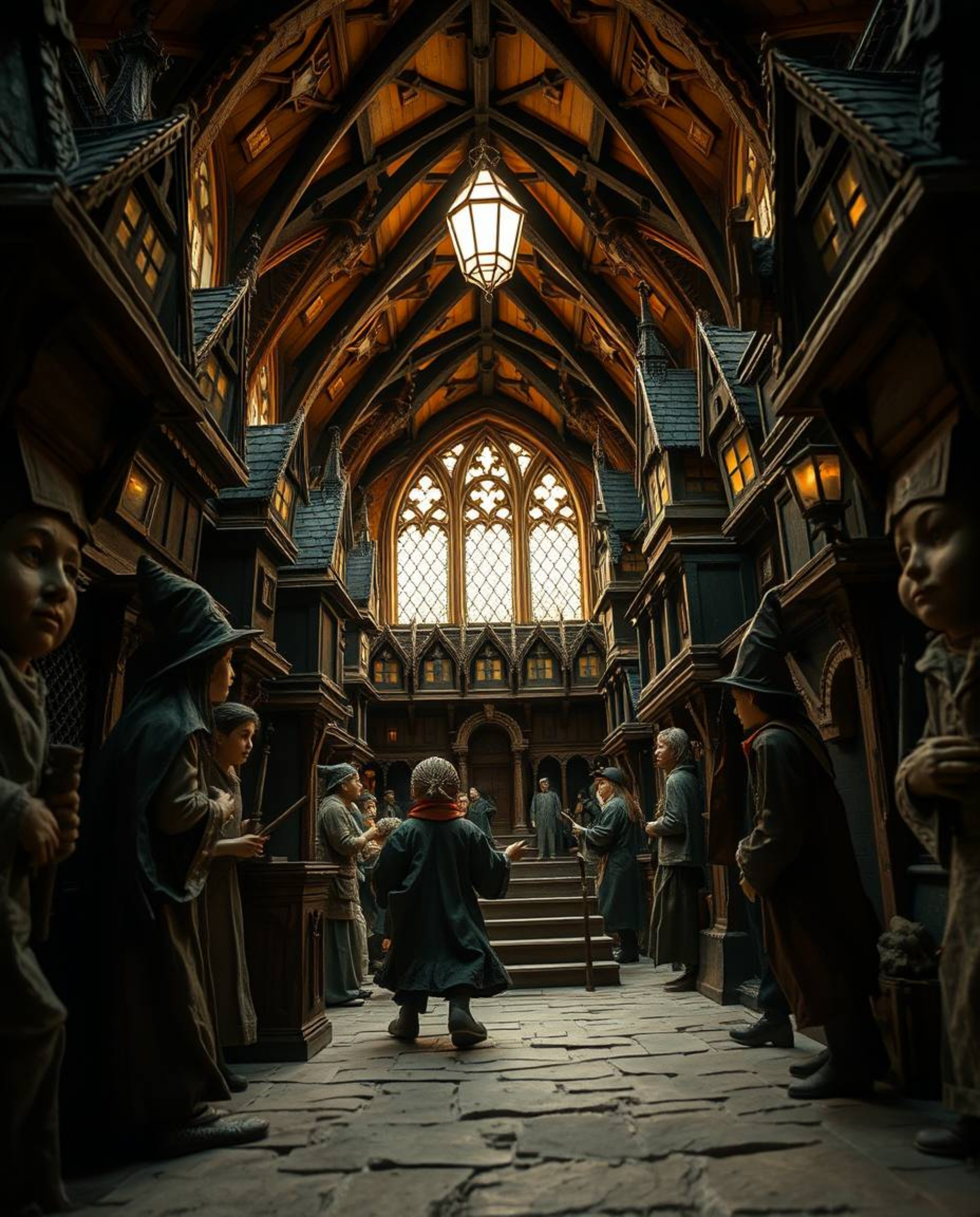 Discover a captivating low-angle perspective of a magical school crafted from layered papier-mâché.  Witness young wizards in