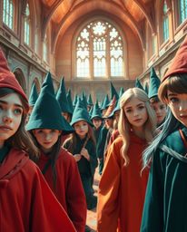 Explore a graceful and elegant magical school brimming with young wizards, depicted with refined features in a stunning palet