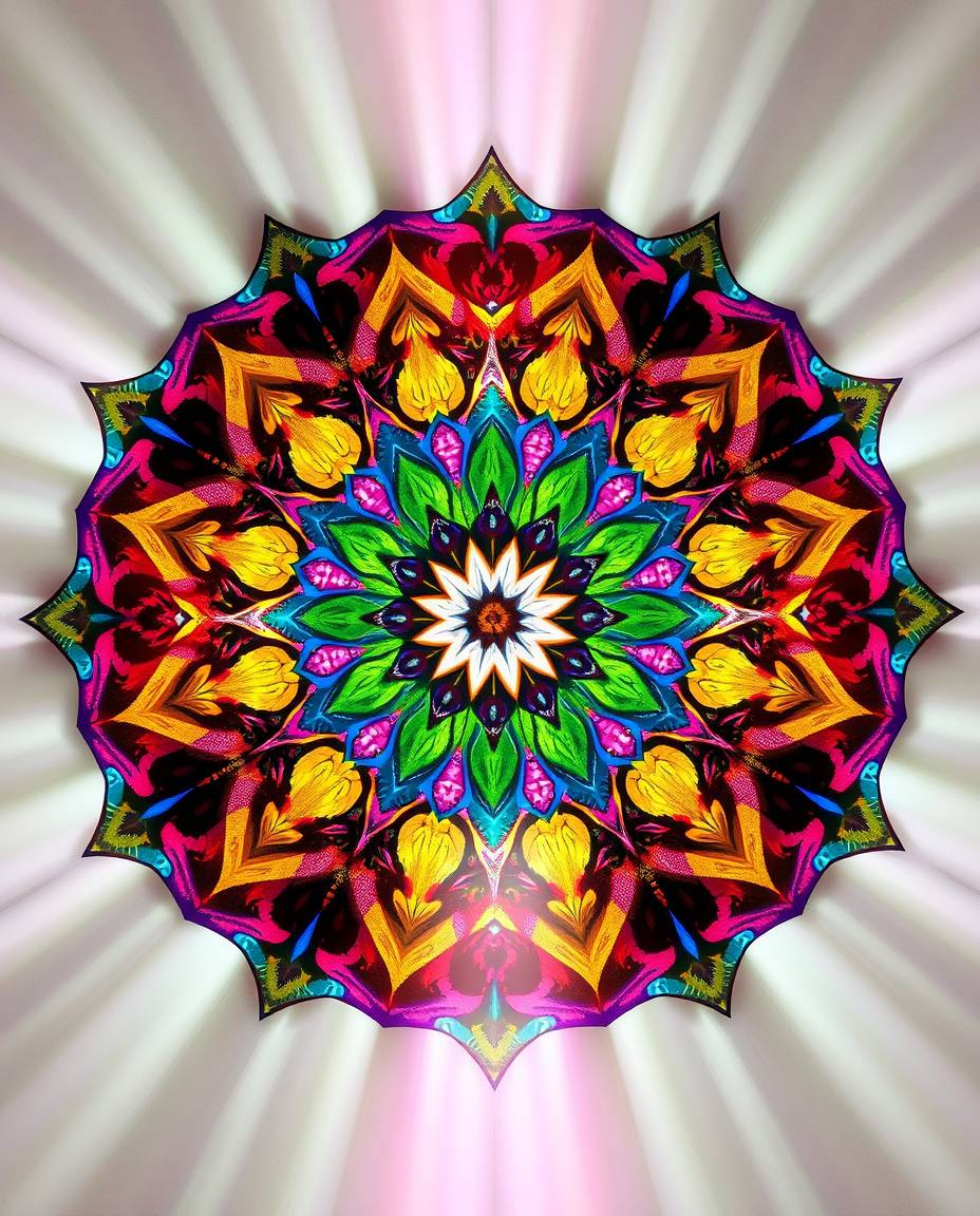 Explore the beauty of a geometric floral mandala featuring vibrant colors and a perfectly symmetrical design. This artwork ca