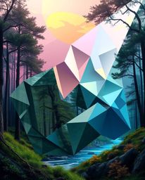 Explore a captivating digital glitch illustration set against a natural forest backdrop, rendered in intricate origami style.