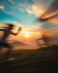 This artwork depicts a sunset over the misty, rolling hills of Tuscany with a unique emphasis on dynamic motion and blurred l