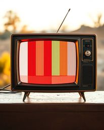 This image captures a retro-styled TV screen displaying mesmerizing RGB separated glitch static, illuminated by the warm glow