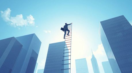 A soft and dreamy illustration depicting the abstract concept of success, showcasing a businessperson climbing a transparent 