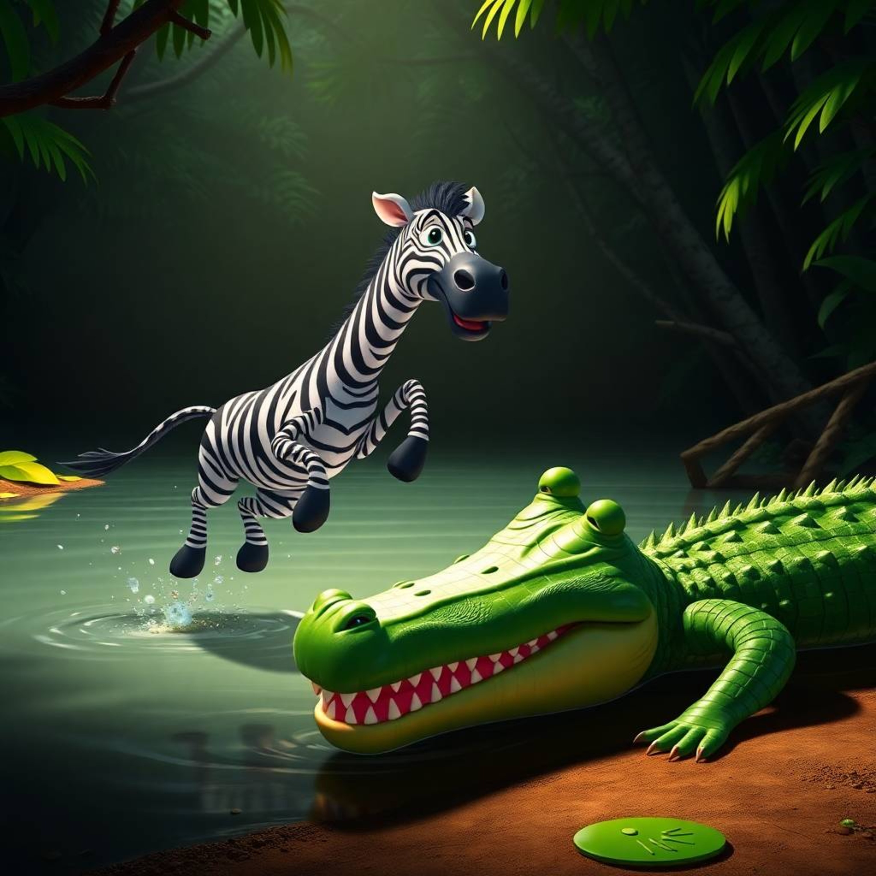A vibrant and exciting 3D cartoon scene depicts a zebra leaping away from a grinning crocodile near a lush jungle riverbank. 