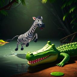 A vibrant and exciting 3D cartoon scene depicts a zebra leaping away from a grinning crocodile near a lush jungle riverbank. 