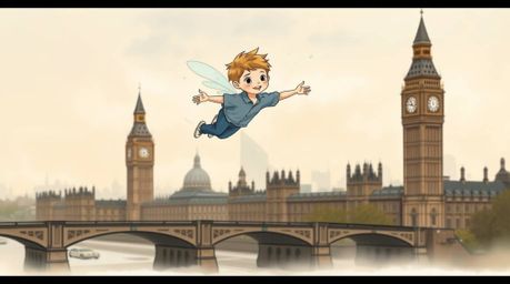 A hand-drawn color sketchnote featuring a young boy with soft features soaring above a hazy London, powered by pixie dust. Th
