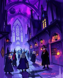 A captivating digital sketch of a magical school teeming with young wizards, rendered with loose, painterly strokes and bathe