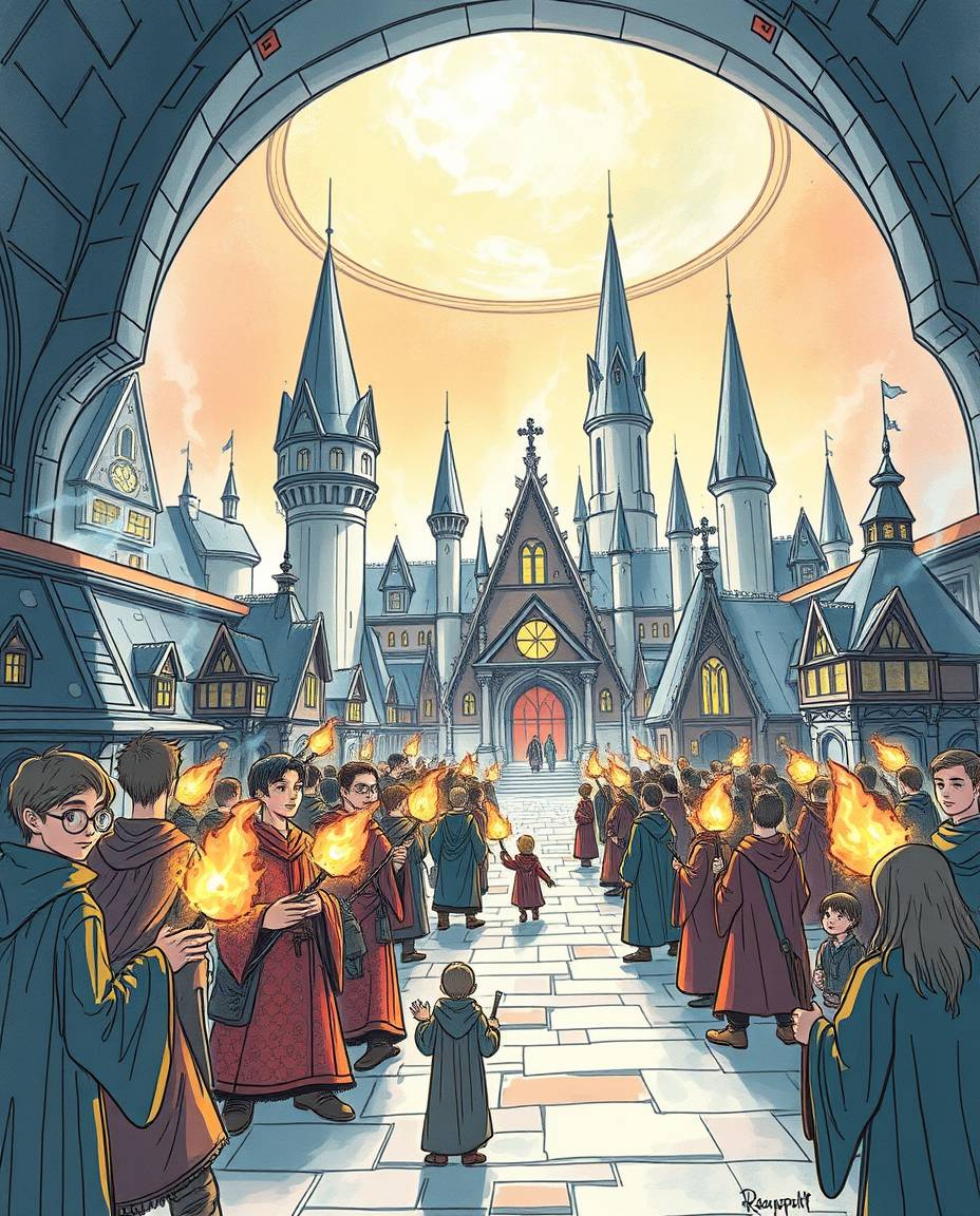 Explore a hand-drawn sketch of a magical school brimming with young wizards, presented in a vibrant color sketchnote style. T