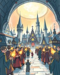 Explore a hand-drawn sketch of a magical school brimming with young wizards, presented in a vibrant color sketchnote style. T