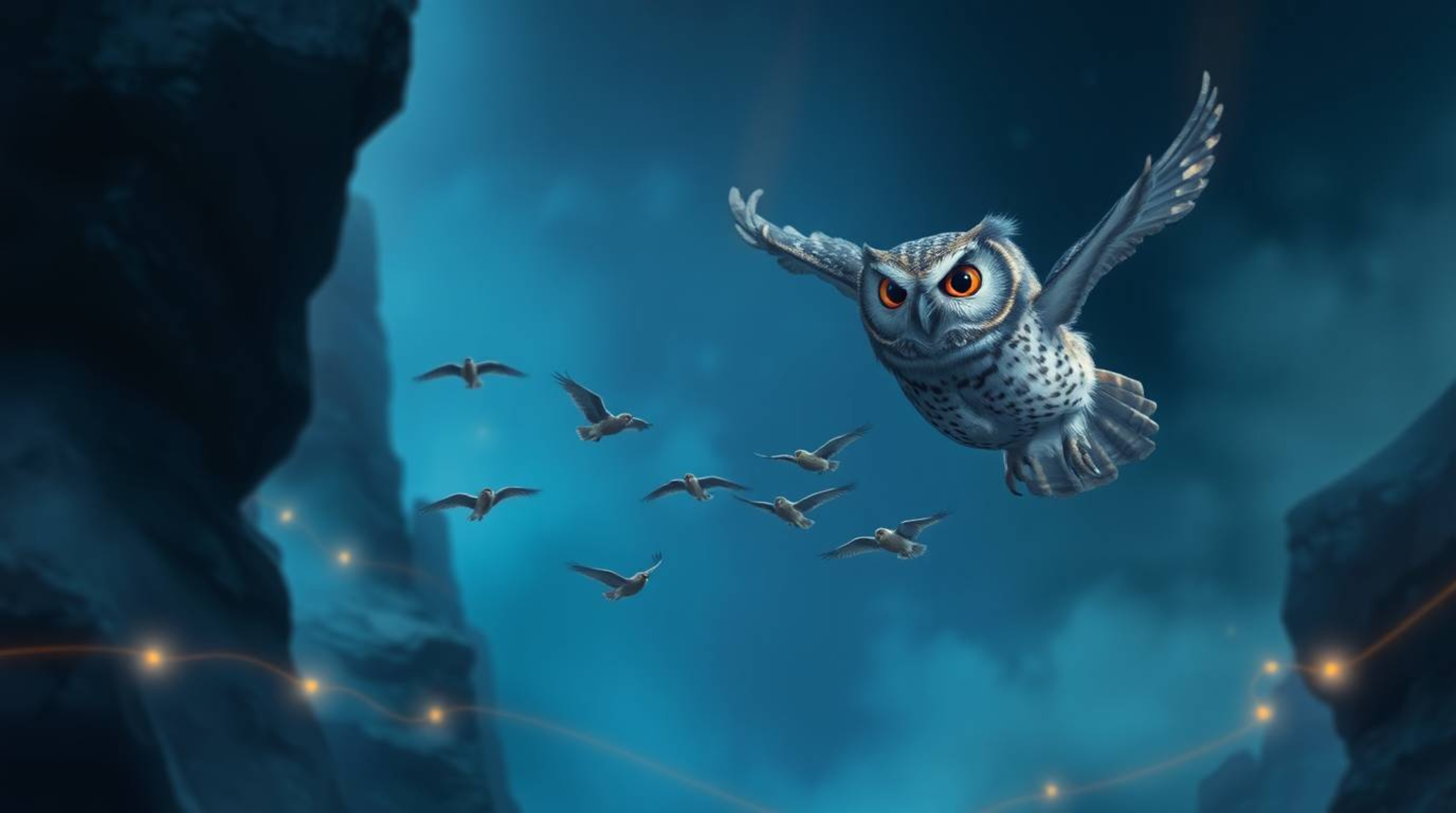 In a stunning cinematic digital painting, a wise blind owl with large, expressive eyes teaches a flock of small birds to fly.
