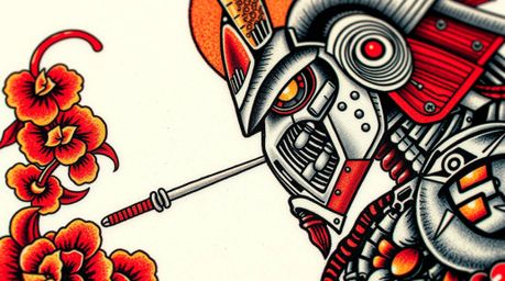 An extreme close-up showcases a vibrant traditional tattoo depicting a samurai and a robot locked in battle within a dystopia
