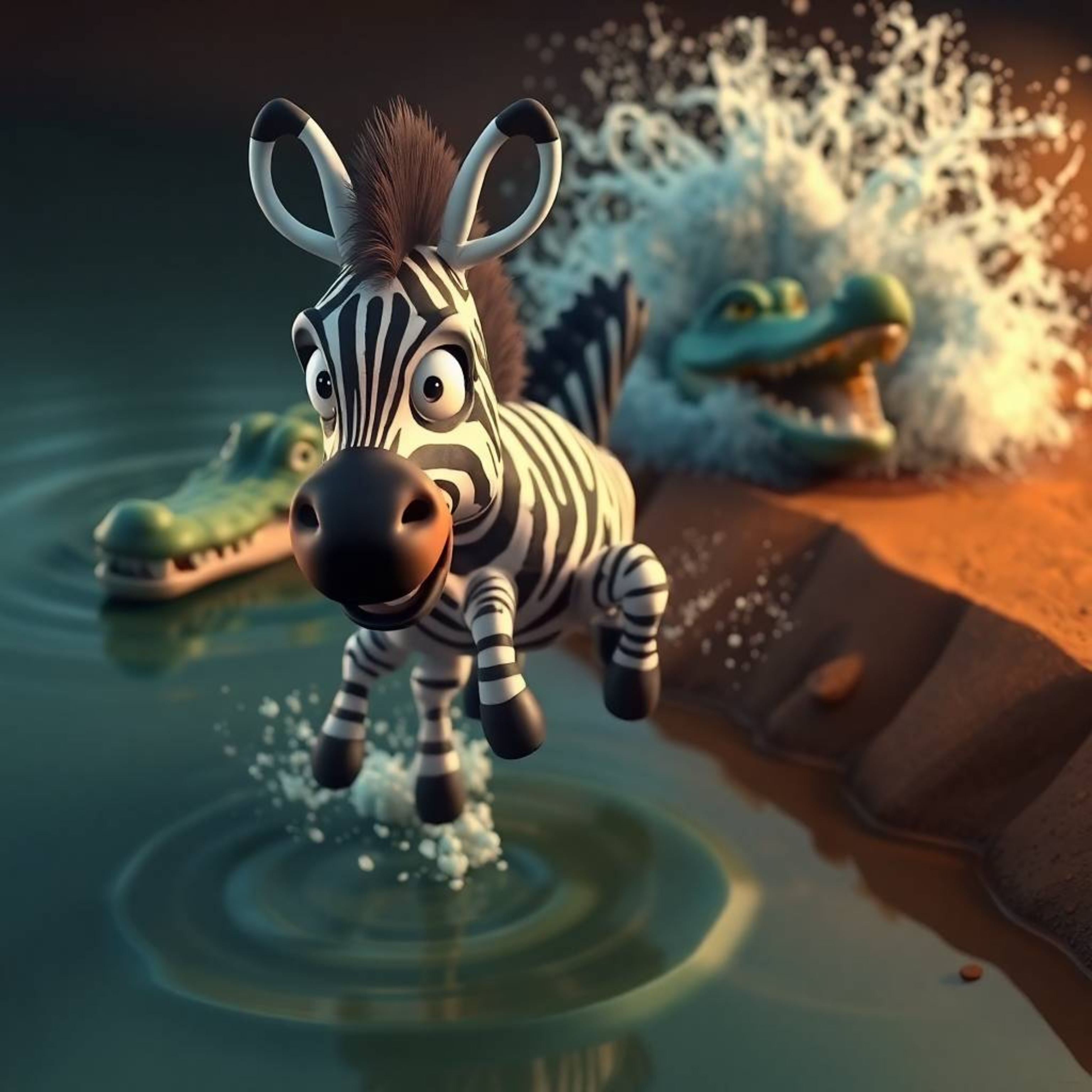 A 3D cartoon zebra, its eyes wide with terror, leaps desperately towards the riverbank, trying to outrun a menacing crocodile