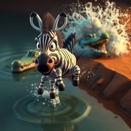 A 3D cartoon zebra, its eyes wide with terror, leaps desperately towards the riverbank, trying to outrun a menacing crocodile