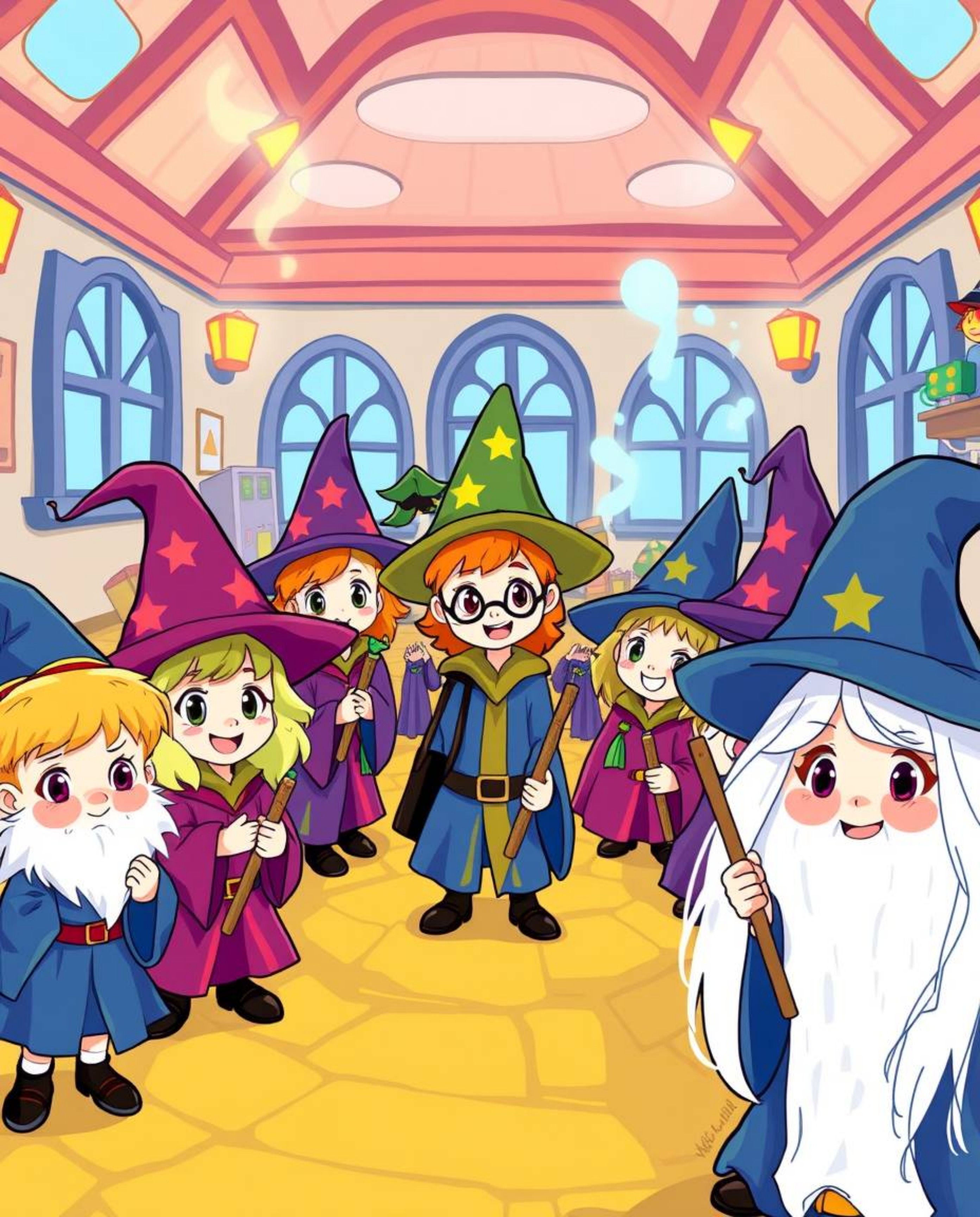 Discover a charming magical school brimming with adorable young wizards!  This vibrant artwork features bright colors, lively