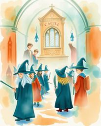 Discover a whimsical watercolor painting depicting a magical school brimming with young wizards.  The artwork showcases a del