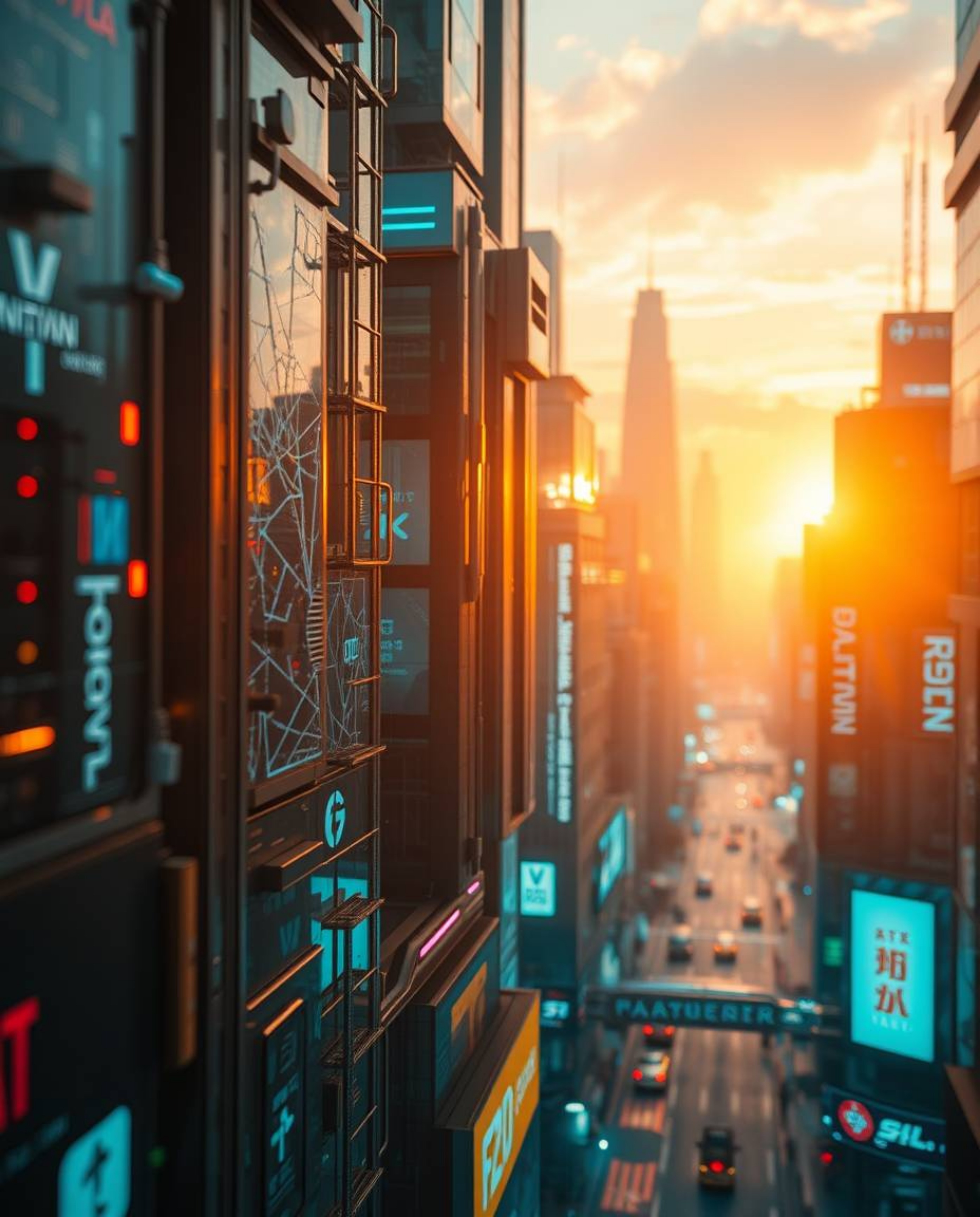 Experience a warm golden hour in a futuristic city consumed by glitch mode. This tight close-up shot captures flickering ligh