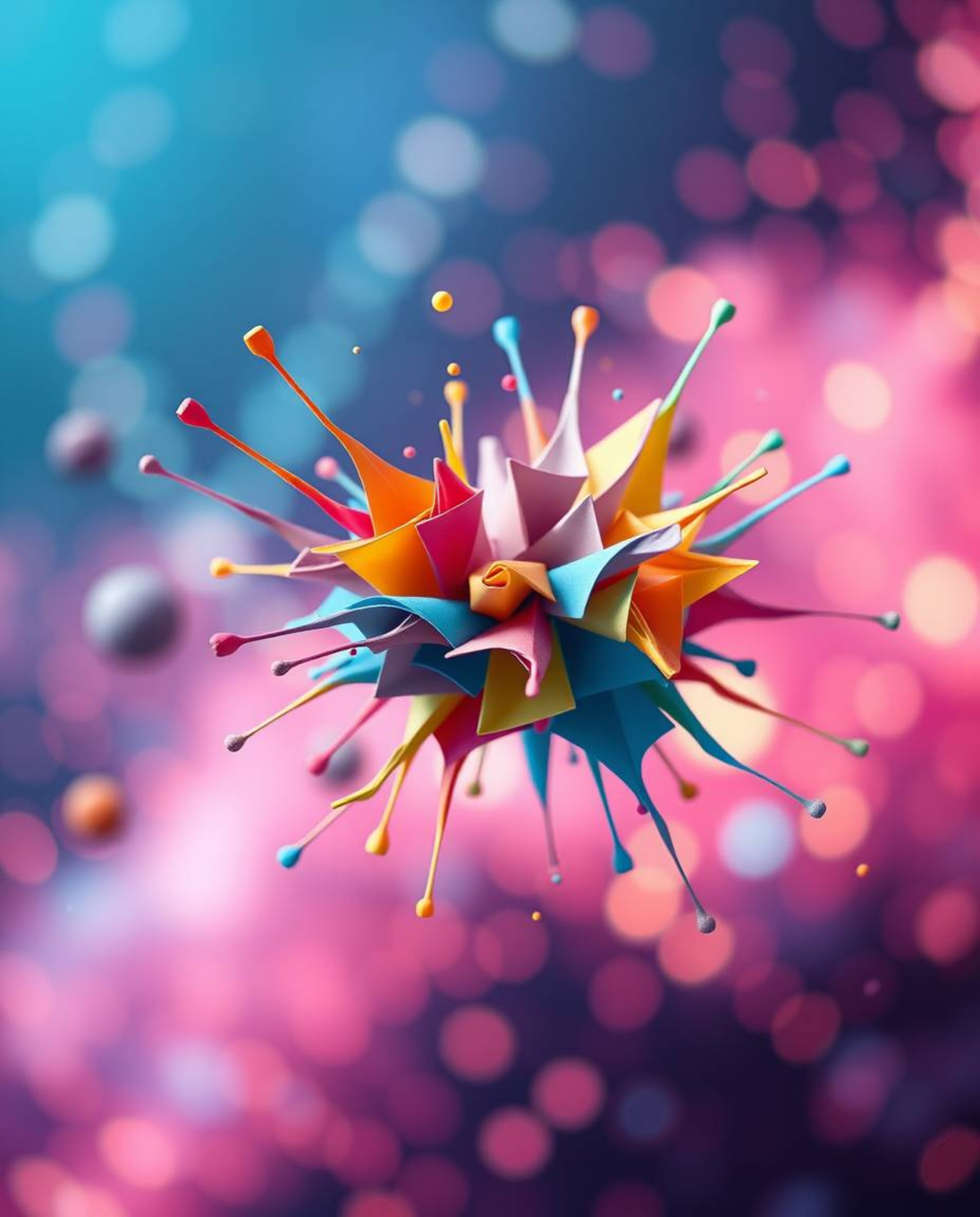 Explore a surreal digital space filled with intricate origami-style abstract 3D colorful splash shapes. This artwork features